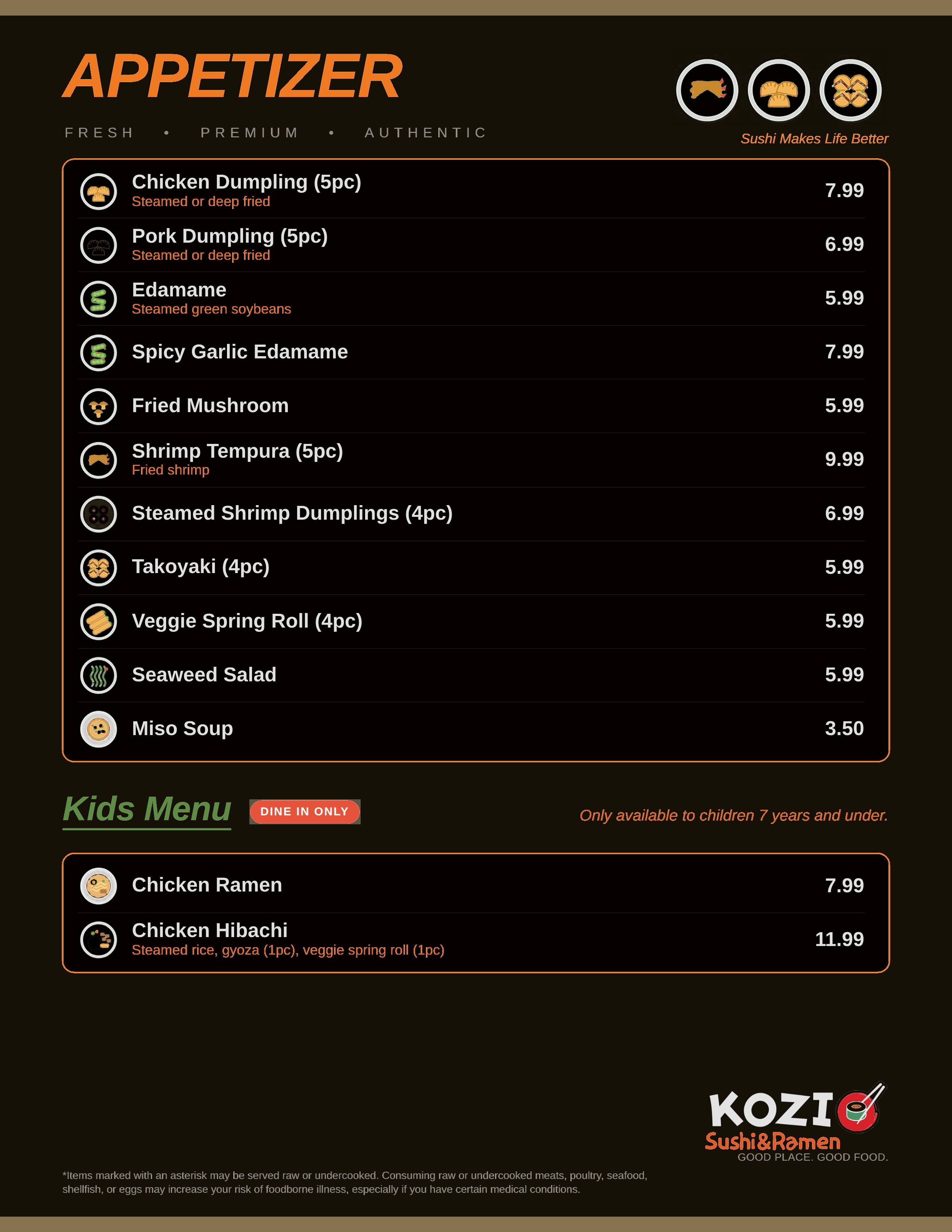 Appetizer and Kids menu page
