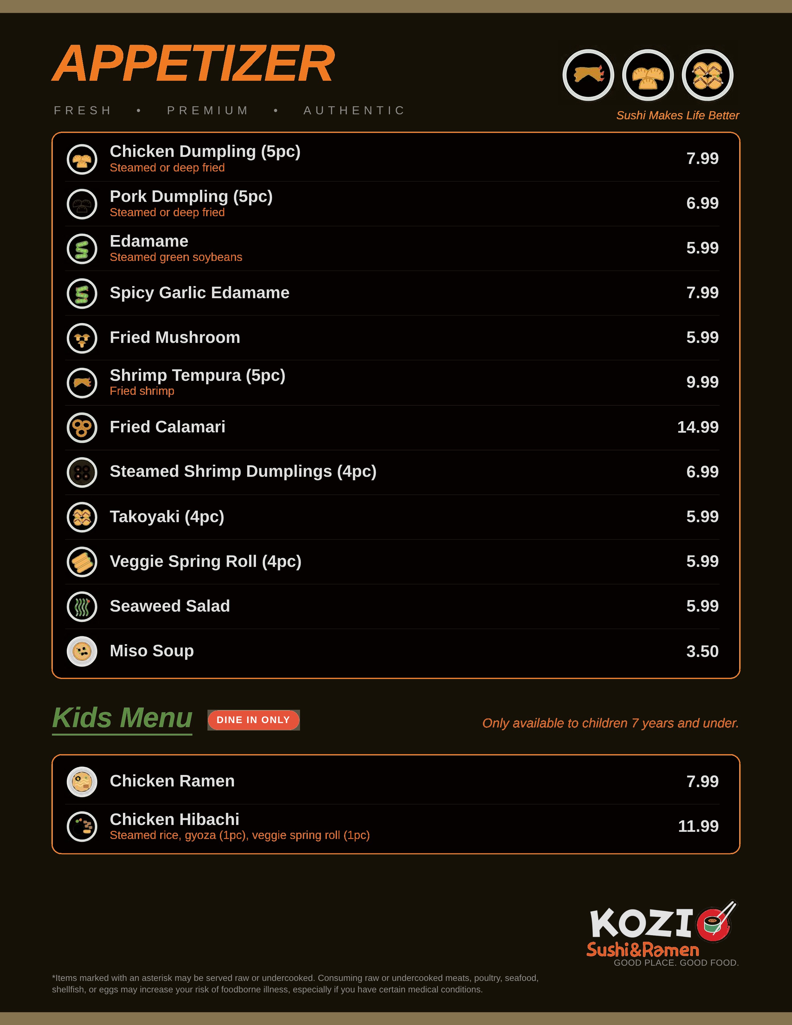 Appetizer and Kids menu page